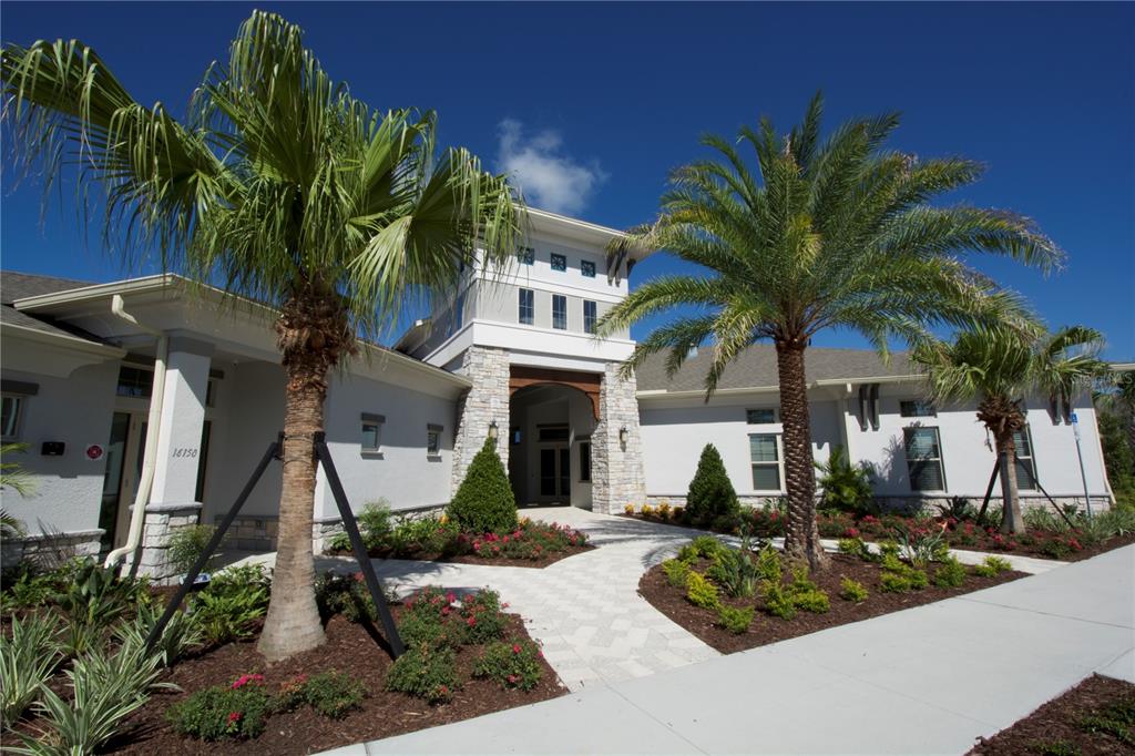 A modern building exterior features a stone-accented entrance, palm trees, and a paved walkway — 11863 SHINE VIEW LANE, WINTER GARDEN, FL