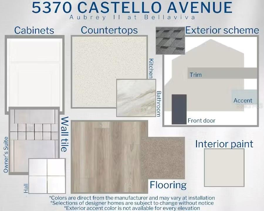 This design board displays interior and exterior finish selections including cabinetry, countertops, flooring, and paint — 5370 CASTELLO AVENUE, AUBURNDALE, FL