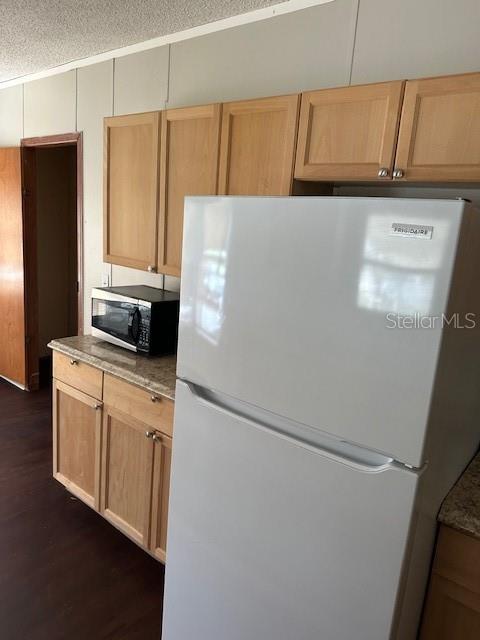A kitchen features light wood cabinets, a white refrigerator, and a microwave on the counter — 5705 MIDDLESEX DRIVE, TAMPA, FL