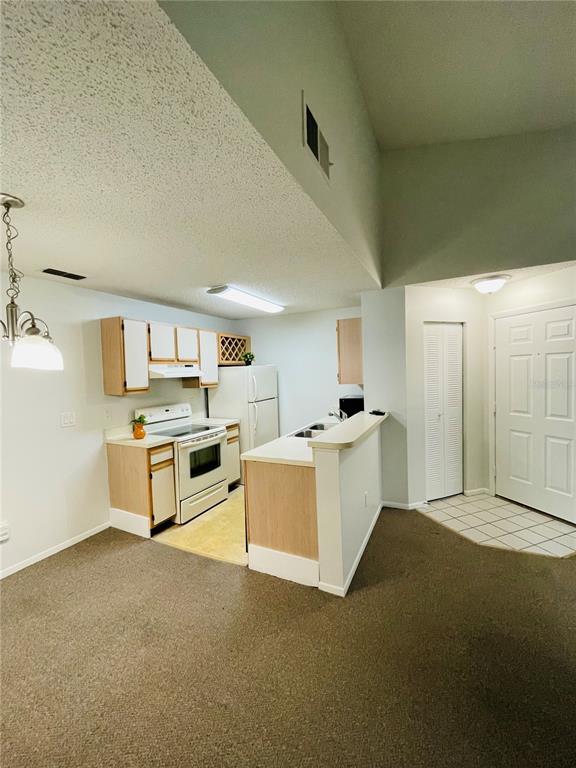 A kitchen with light wood cabinets, white appliances, and a breakfast bar overlooks a carpeted area — 727 SUGAR BAY WAY UNIT 303, LAKE MARY, FL
