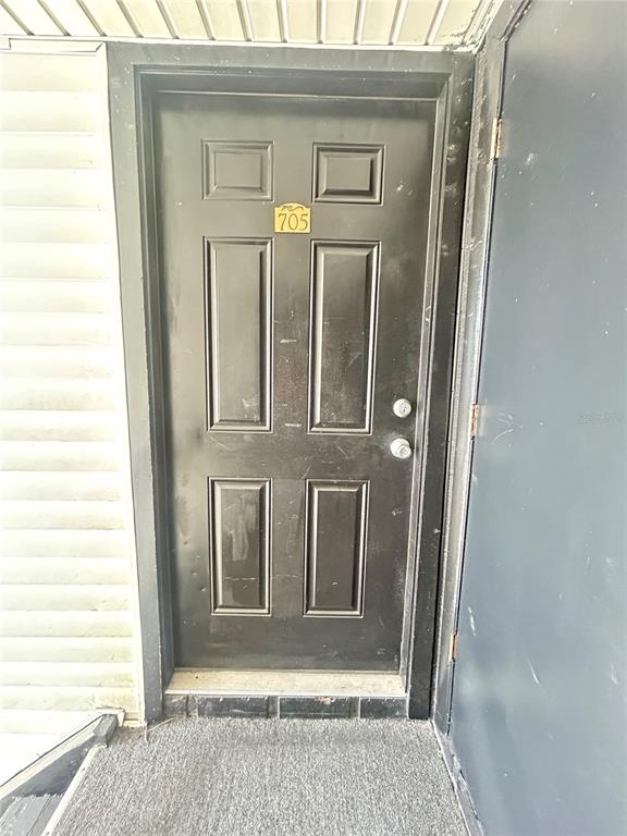 A black six-panel door with the number 705 is set in a white-sided exterior wall — 705 HAVEN PLACE UNIT 705, TARPON SPRINGS, FL