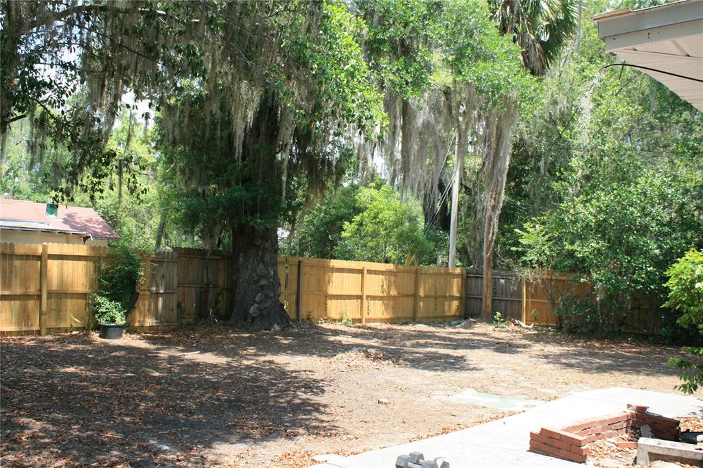 A fenced backyard features a large tree with Spanish moss and a brick patio area — 1822 NW 6TH AVENUE, GAINESVILLE, FL