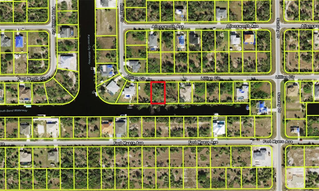 This is an aerial map showing a vacant lot outlined in red within a residential neighborhood — 14526 LILLIAN CIRCLE, PORT CHARLOTTE, FL