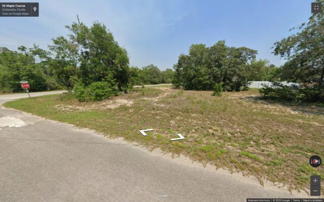 A vacant, grassy corner lot with scattered trees and sandy patches at a paved intersection — 000 Maple Course, FL 34488, FL