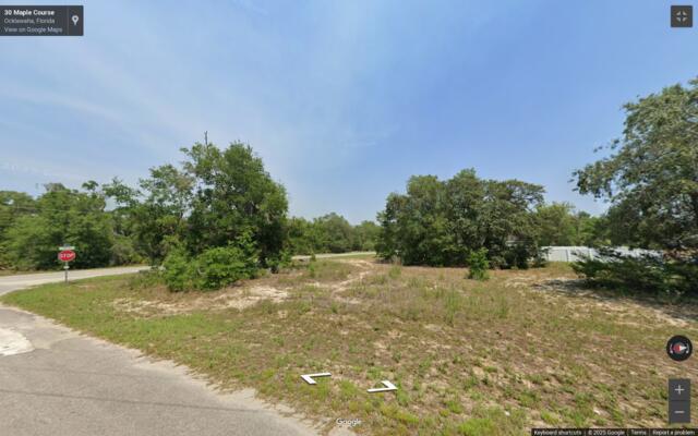 A vacant, grassy corner lot with scattered trees and a stop sign on a paved road — 000 Maple Course, FL 34488, FL