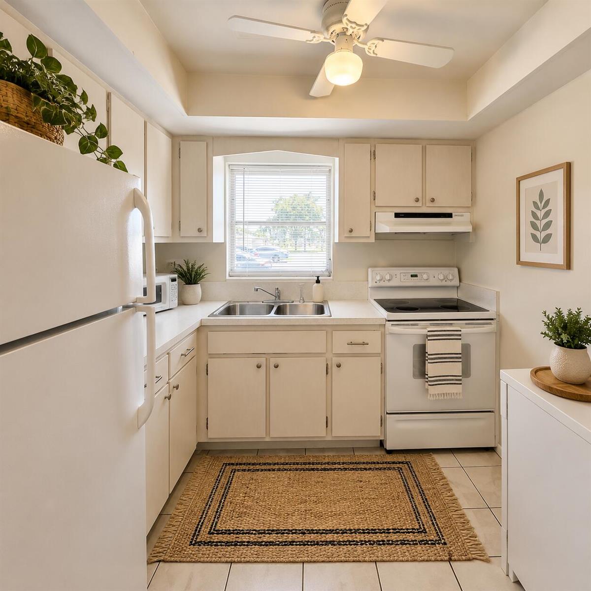 A small kitchen features white cabinets, white appliances, a double sink, and a woven rug — 2911 Ashley Dr # J, West Palm Beach FL 33415, WEST PALM BEACH, FL