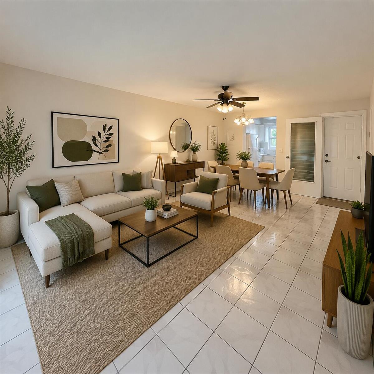 An open-concept living and dining room features a sectional sofa, area rug, and tile flooring — 2911 Ashley Dr # J, West Palm Beach FL 33415, WEST PALM BEACH, FL