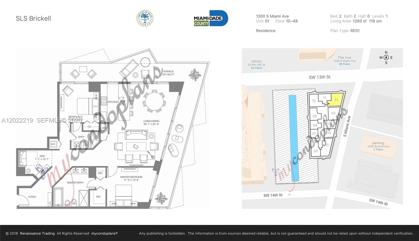 This is a floor plan for a two-bedroom residential unit with a terrace — 1300 S Miami Ave # 2901, Miami FL 33130, MIAMI, FL