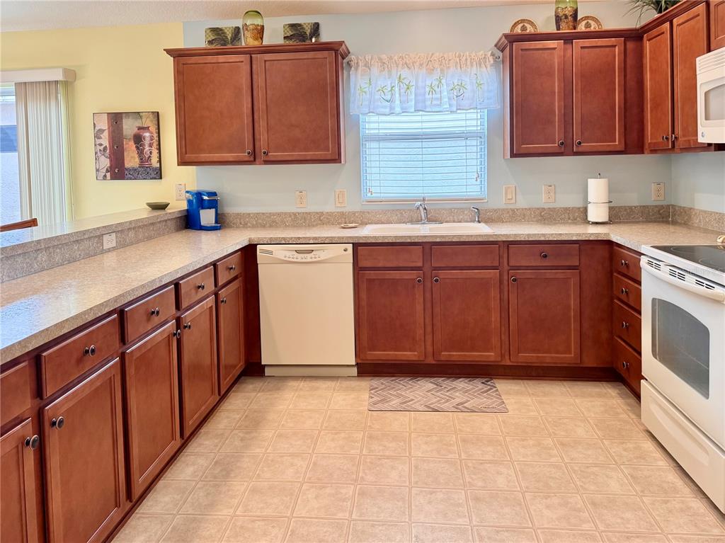 A kitchen features wood cabinets, laminate countertops, a white dishwasher, and a white oven — 2000 GOLDENROD COURT, THE VILLAGES, FL