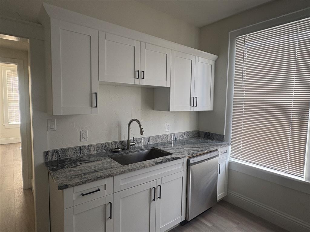 A kitchen features white cabinets, granite countertops, a stainless steel sink, and a dishwasher — 729 E PALMETTO STREET UNIT 1, LAKELAND, FL