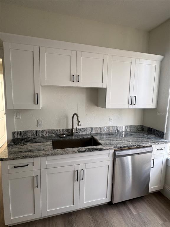 A kitchen features white shaker cabinets, granite countertops, a stainless steel sink, and a dishwasher — 729 E PALMETTO STREET UNIT 1, LAKELAND, FL