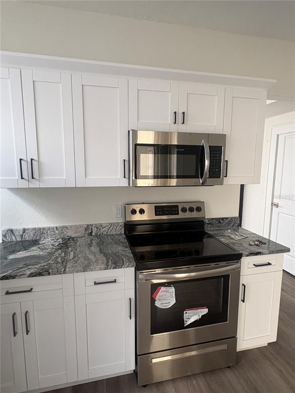 A kitchen features white shaker cabinets, stainless steel appliances, and a gray granite countertop — 729 E PALMETTO STREET UNIT 1, LAKELAND, FL