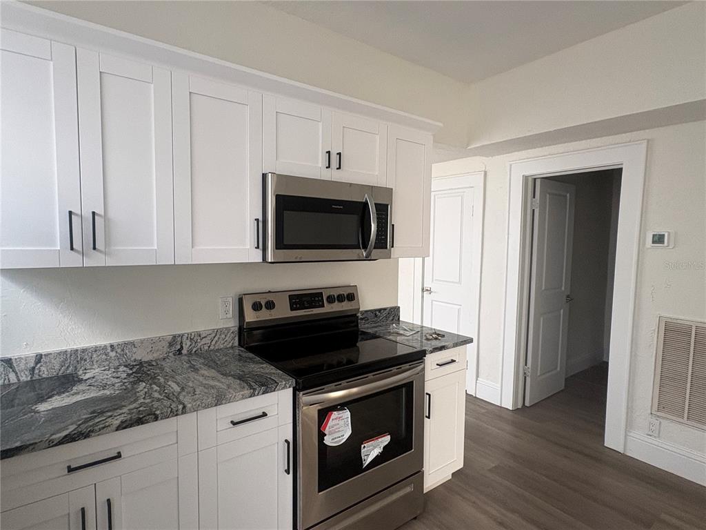 A kitchen features white cabinets, stainless steel appliances, and gray granite countertops — 729 E PALMETTO STREET UNIT 1, LAKELAND, FL
