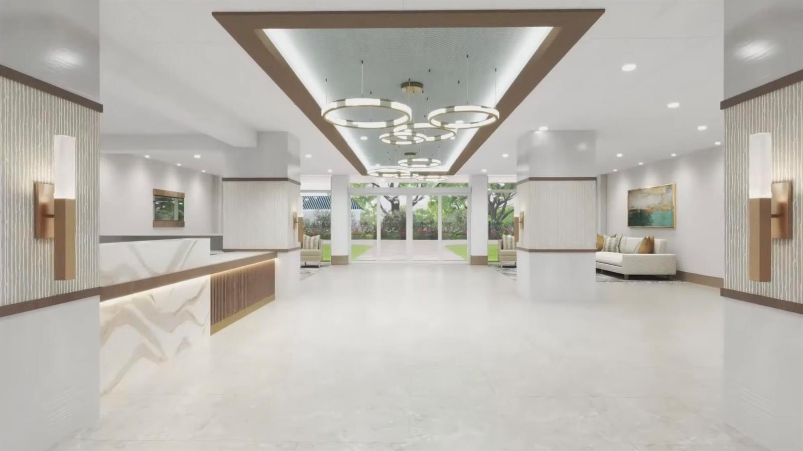 This rendering shows a modern hotel lobby with a reception desk, pendant lighting, and seating — 4101 N Ocean Boulevard # 1604, Boca Raton FL 33431, BOCA RATON, FL