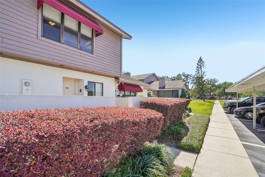 An exterior view of a two-story townhouse with reddish-purple hedges and a covered parking area — 745 OAK PARK PLACE, BRANDON, FL