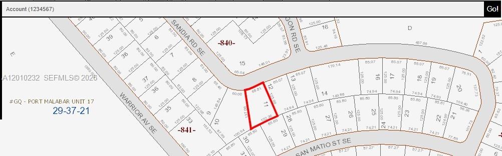 This is a plat map showing a highlighted parcel of land in a residential neighborhood — 1906 Sandia Rd SE, Palm Bay FL 32909, PALM BAY, FL