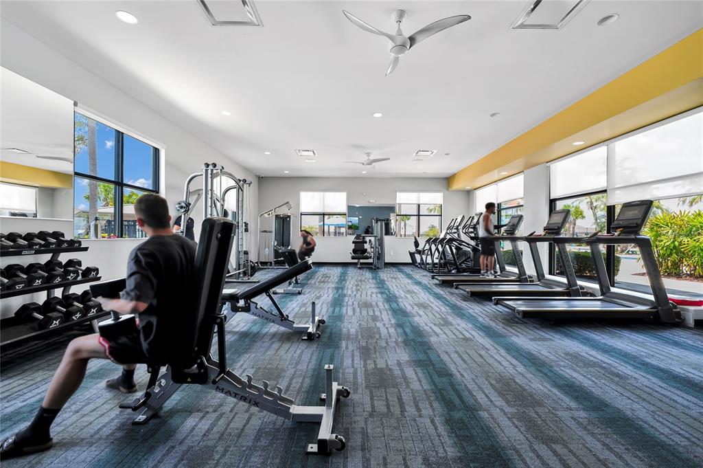 A gym features weight benches, dumbbells, treadmills, and large windows with views of the outdoors — 6939 WILSON PASTURE AVENUE, GROVELAND, FL