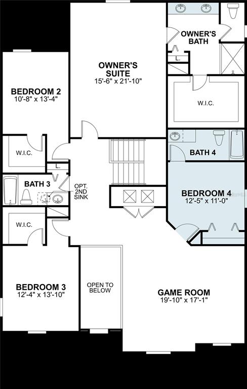 This is a floor plan of a residential second story featuring four bedrooms and a game room — 2941 BERRY COPPICE PLACE, WIMAUMA, FL