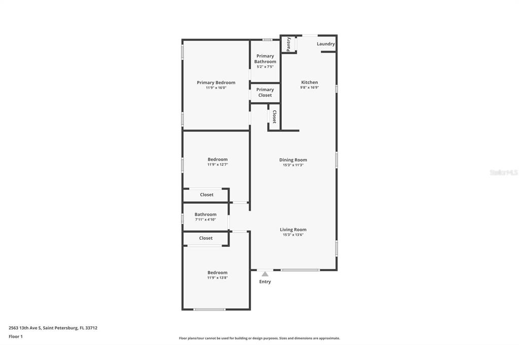 This is a floor plan for a single-story residential home with three bedrooms — 2563 13TH AVENUE S, ST PETERSBURG, FL
