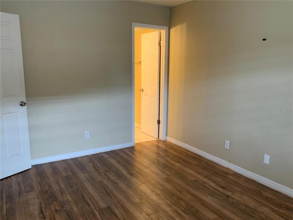 An empty room with wood-look flooring, beige walls, and two white interior doors — 233 RED MAPLE PLACE UNIT 233, BRANDON, FL