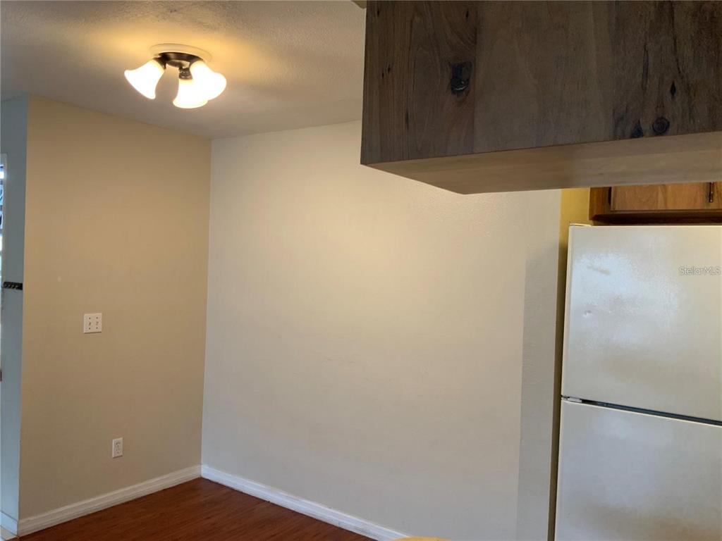 A kitchen area features a white refrigerator, a light fixture, and wood-look flooring — 233 RED MAPLE PLACE UNIT 233, BRANDON, FL