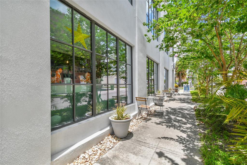 An exterior view of a building with large grid windows, a potted plant, and seating — 1919 E 6TH AVENUE, TAMPA, FL