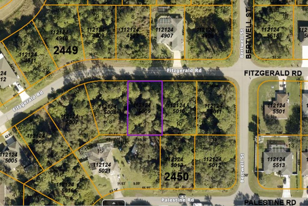 This is a satellite map showing a highlighted vacant lot among residential properties — FITZGERALD ROAD, NORTH PORT, FL