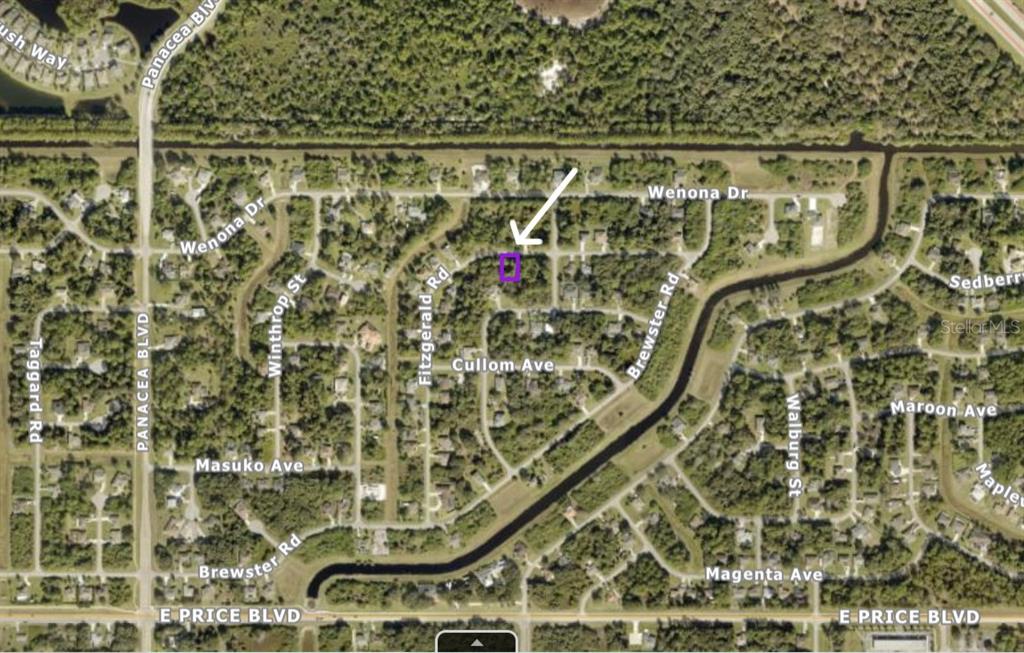 An aerial map view shows a residential lot highlighted with a purple square and arrow — FITZGERALD ROAD, NORTH PORT, FL