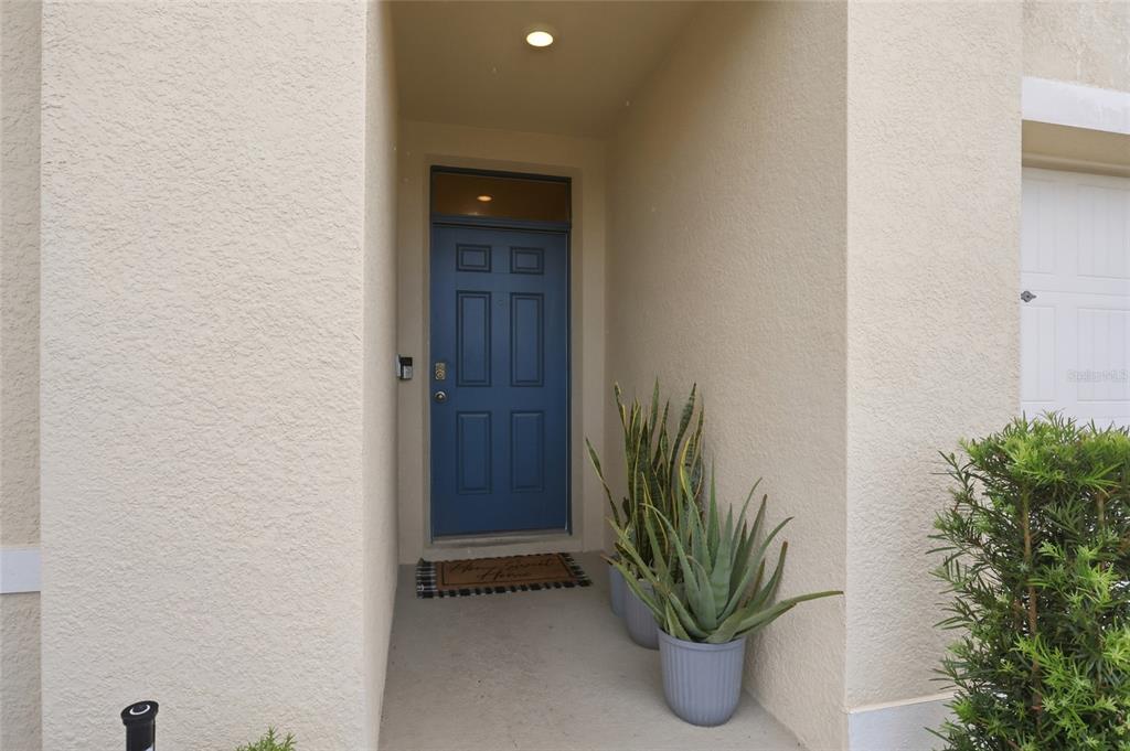 A blue front door is set within a recessed entryway with two potted plants — 3577 YARIAN DRIVE, HAINES CITY, FL