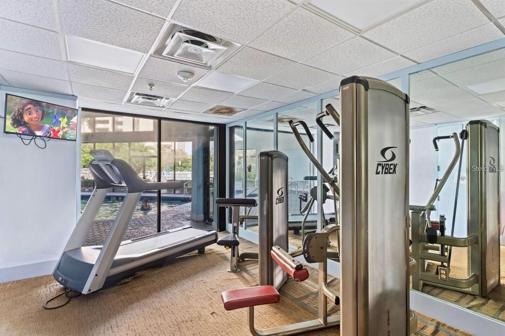A small gym features a treadmill, weight machines, mirrored walls, and a view of a pool — 6165 CARRIER DRIVE UNIT 2510, ORLANDO, FL