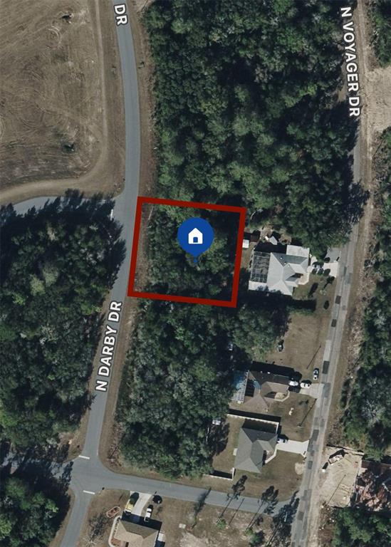 This aerial map shows a vacant, wooded residential lot outlined in red between two streets — 7891 N DARBY DRIVE, CITRUS SPRINGS, FL