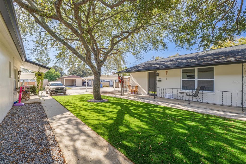 A grassy courtyard sits between two single-story buildings with a large tree in the center — 544 93RD AVENUE N, ST PETERSBURG, FL