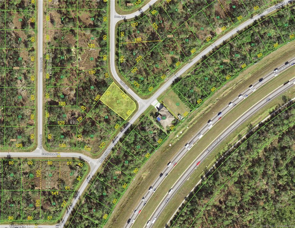 This is an aerial map showing residential lots, streets, and a highway — 14783 ROTHSCHILD AVENUE, PORT CHARLOTTE, FL