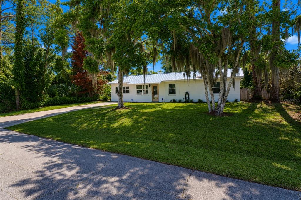A white single-story house with a metal roof sits behind trees on a grassy lot — 2824 YULE TREE DRIVE, EDGEWATER, FL
