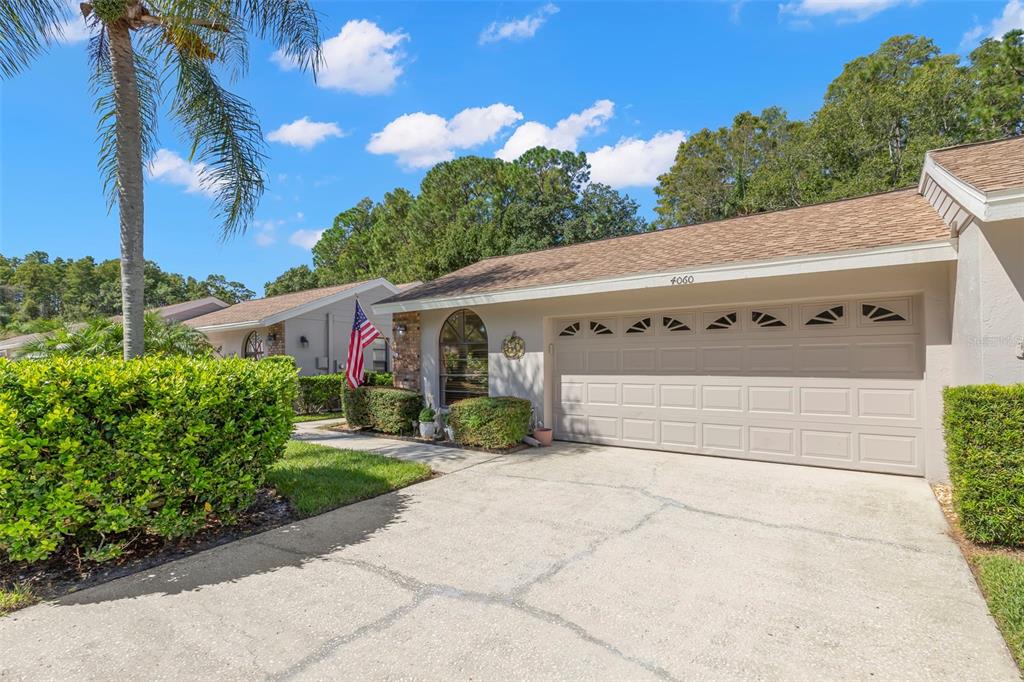 A single-story house exterior features a beige garage, a concrete driveway, and a palm tree — 4060 SALEM SQUARE PARKWAY, PALM HARBOR, FL