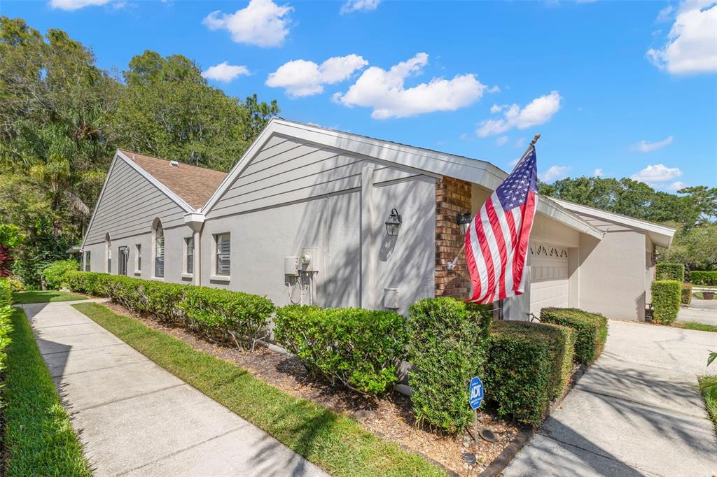 A side view of a beige house with a sidewalk, landscaping, and an American flag — 4060 SALEM SQUARE PARKWAY, PALM HARBOR, FL