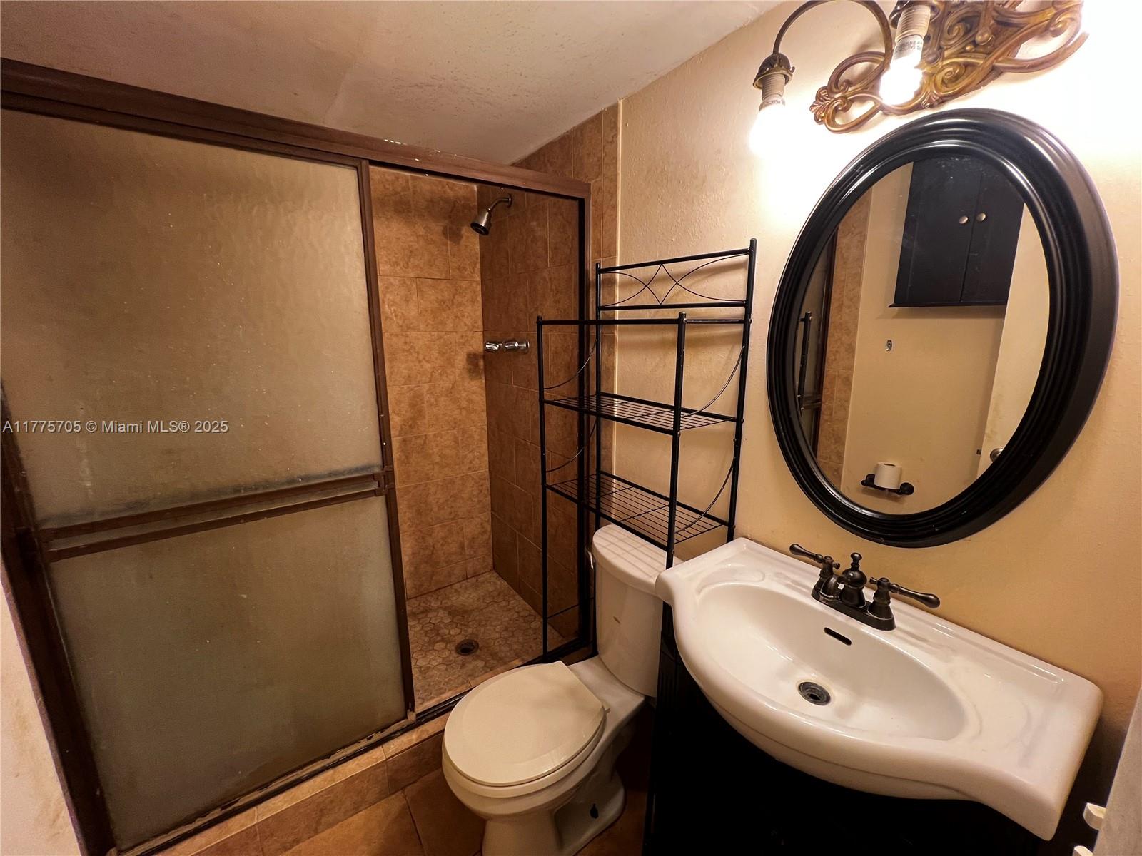A bathroom features a walk-in shower, a toilet, a pedestal sink, and an oval mirror — 447 NE 195th St # 309, Miami FL 33179, MIAMI, FL
