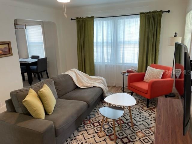 A living room features a gray sofa, an orange armchair, and a patterned area rug — 3646 6TH AVENUE N, ST PETERSBURG, FL