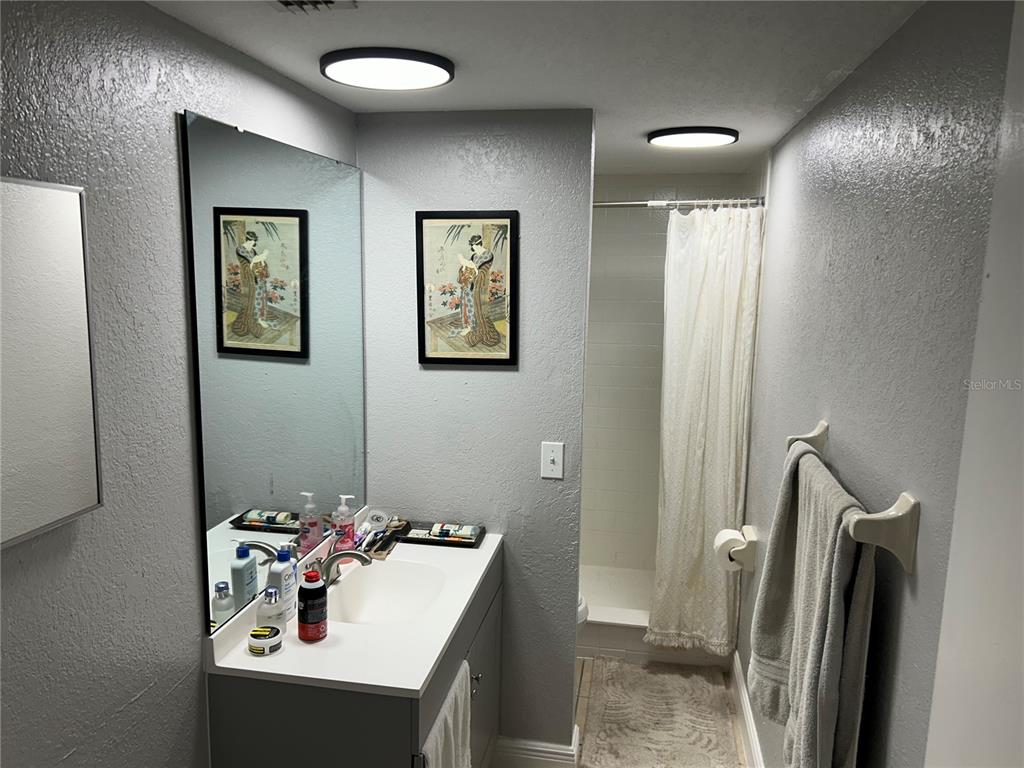 A bathroom features a vanity with a mirror, two framed prints, and a shower stall — 6301 58TH STREET N UNIT 305, PINELLAS PARK, FL