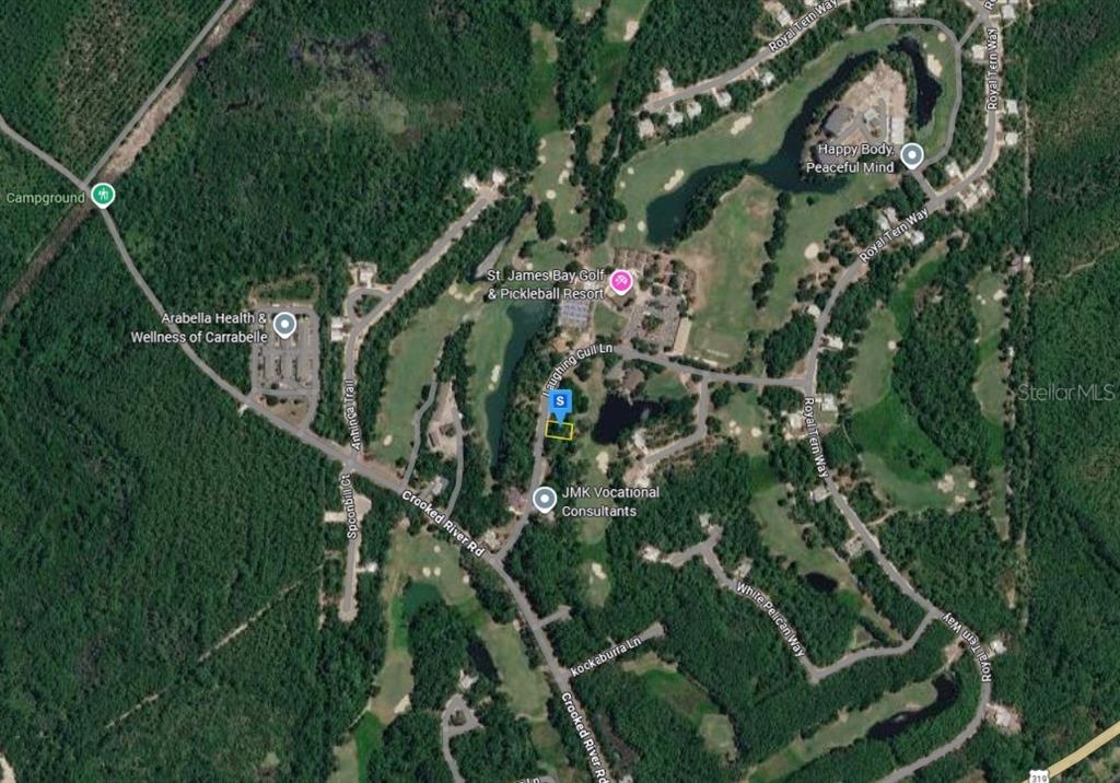 This is an aerial map view of a golf course community with surrounding wooded areas — 126 LAUGHING GULL LANE, CARRABELLE, FL