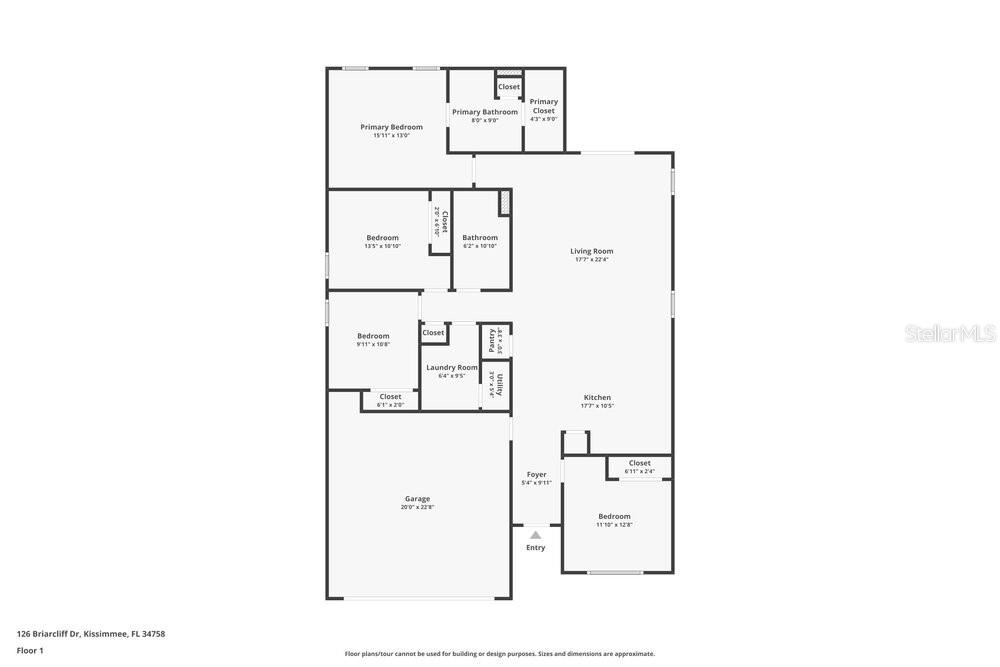 This is a floor plan for a single-story house with four bedrooms and a garage — 126 BRIARCLIFF DRIVE, KISSIMMEE, FL
