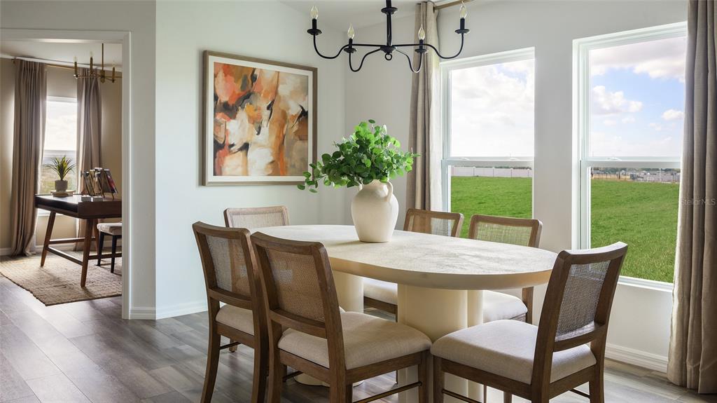 A dining room features a light-colored oval table, cane-back chairs, and a large abstract painting — 9273 JOYFUL HEIGHTS WAY, DADE CITY, FL