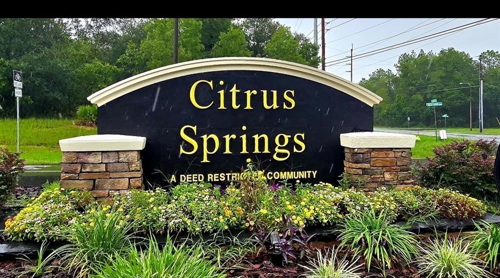 A stone and black monument sign for Citrus Springs stands in a landscaped garden bed — 6694 N EDELWEISS WAY, CITRUS SPRINGS, FL