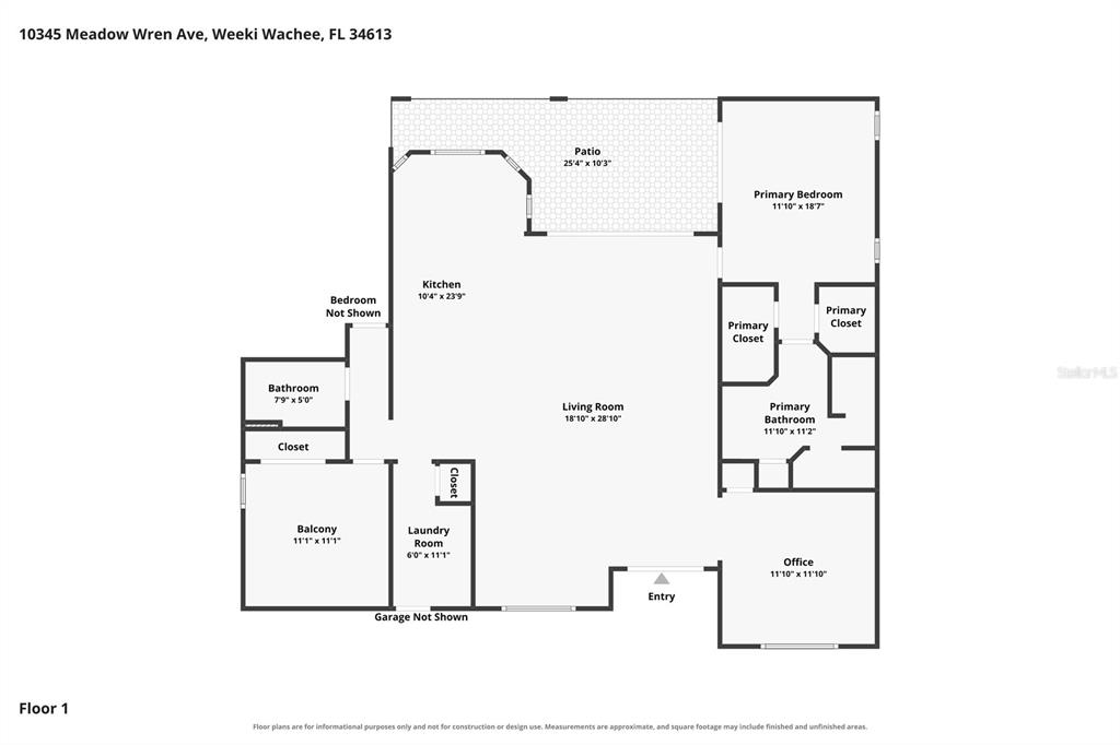 This is a floor plan for a single-story home featuring a patio, balcony, and office — 10345 MEADOW WREN AVENUE, WEEKI WACHEE, FL