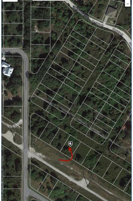 An aerial map view shows a vacant residential lot marked with a pin — 27065 AMSTERDAM DRIVE, PUNTA GORDA, FL