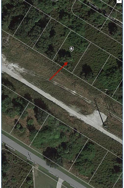 This is an aerial map view showing a vacant rectangular lot marked with a red arrow — 27065 AMSTERDAM DRIVE, PUNTA GORDA, FL