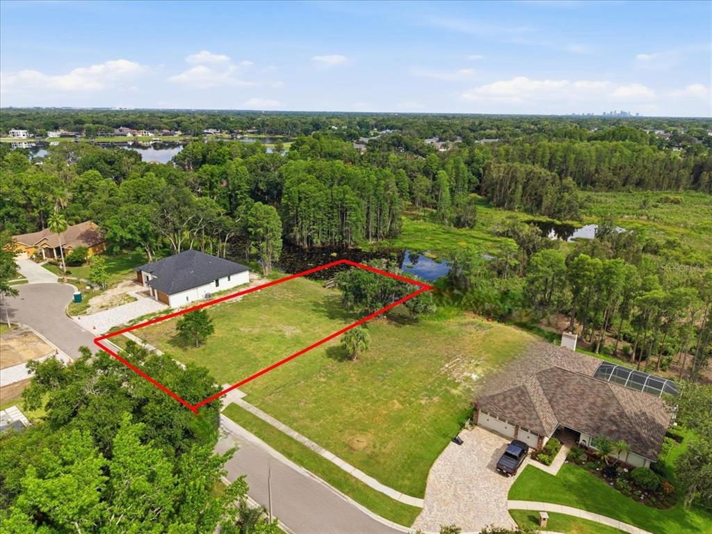 An aerial view shows a vacant residential lot outlined in red between two houses — WOODS END COURT, TAMPA, FL