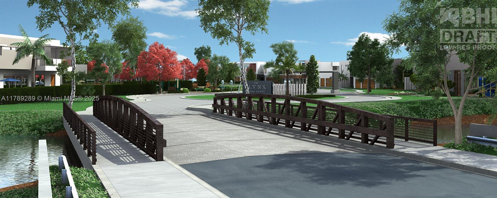 This rendering shows a pedestrian bridge leading to the entrance of The Lynx Golf Estates — 5528 Canal Dr, Lake Worth FL 33463, LAKE WORTH, FL