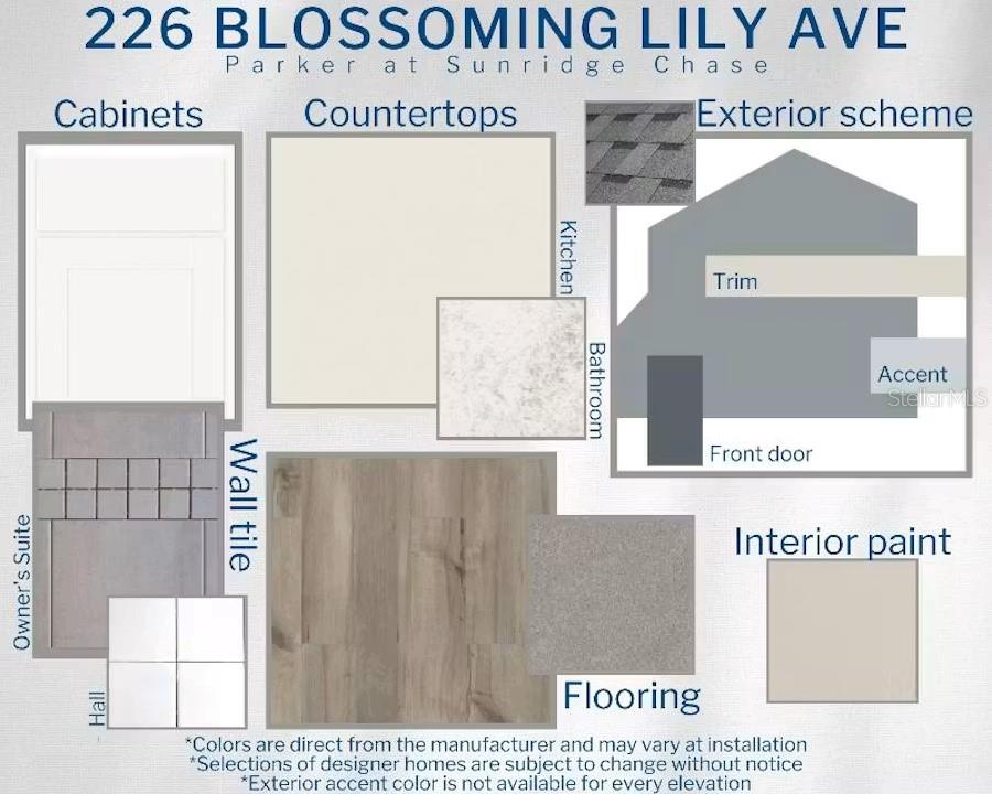 This design board displays interior and exterior finish selections for a new home construction project — 226 BLOSSOMING LILY AVENUE, RUSKIN, FL