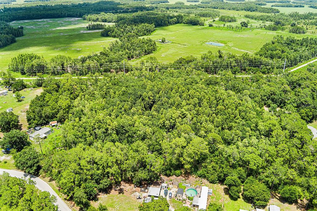 An aerial view shows a wooded lot with two houses and a large grassy field — 0 COUNTRY HAVEN DRIVE, LAKELAND, FL